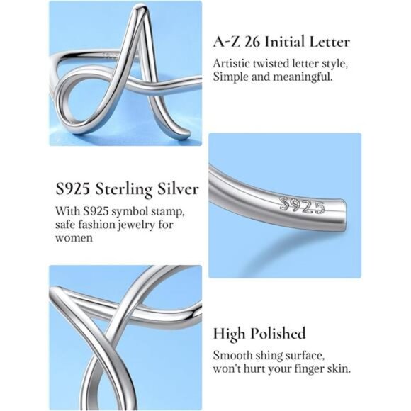 S925 Initial Rings, Adjustable Size 6-12 Statement Alphabet Letter A-Z Jewelry - Picture 4 of 7